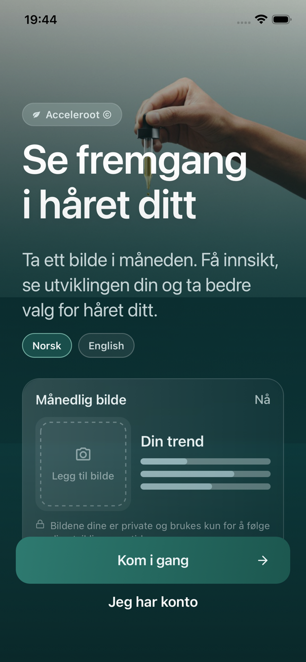 Acceleroot-appen – onboarding og kom i gang-skjerm